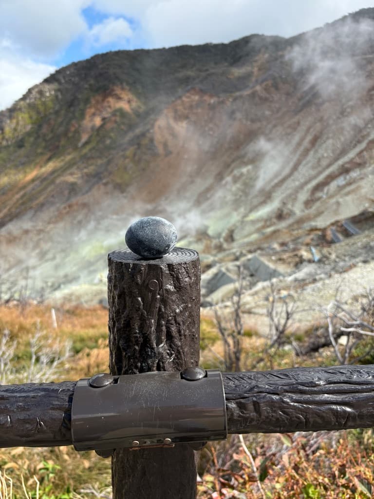 A smooth black egg balanced on a wooden fence post, with steaming sulfur vents behind